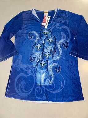 NWT Sunshirt Women’s Large L Blue Cats SPF Made In USA